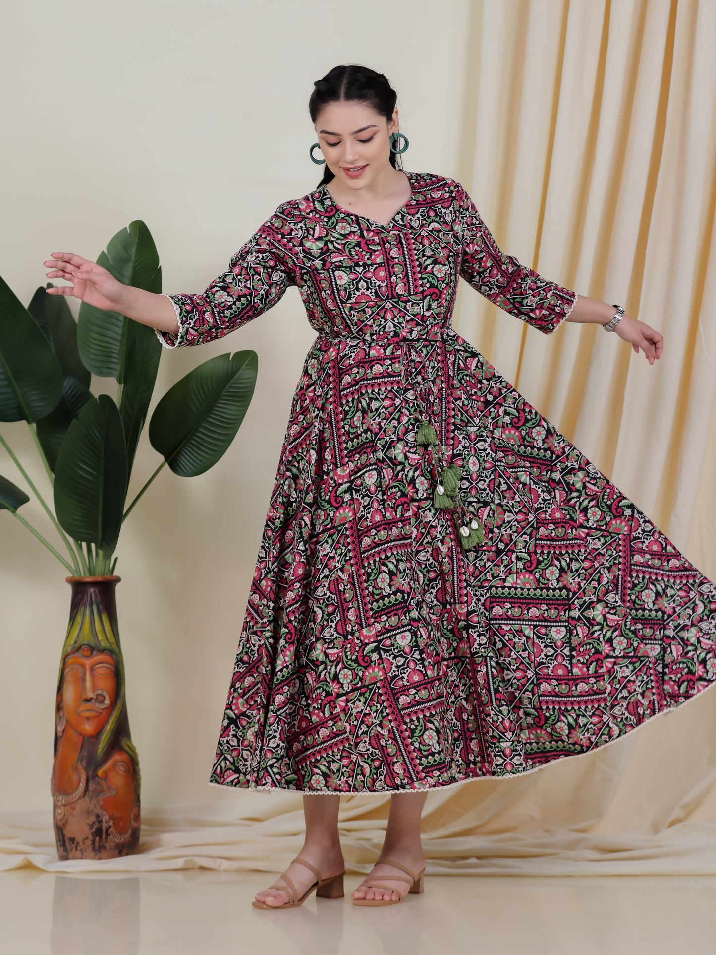 Soft Cotton Patchwork Anarkali Black Dress