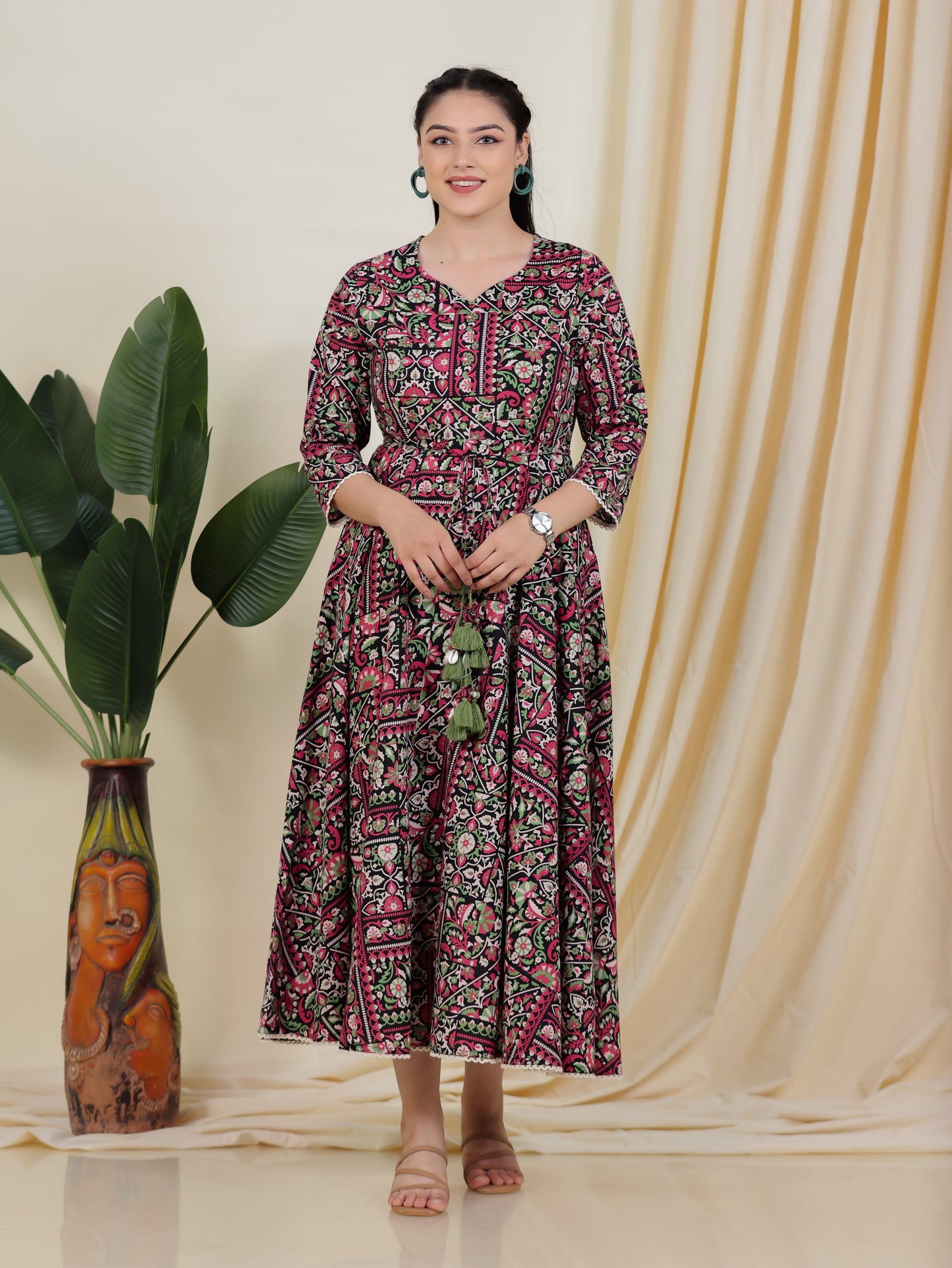 Soft Cotton Patchwork Anarkali Black Dress