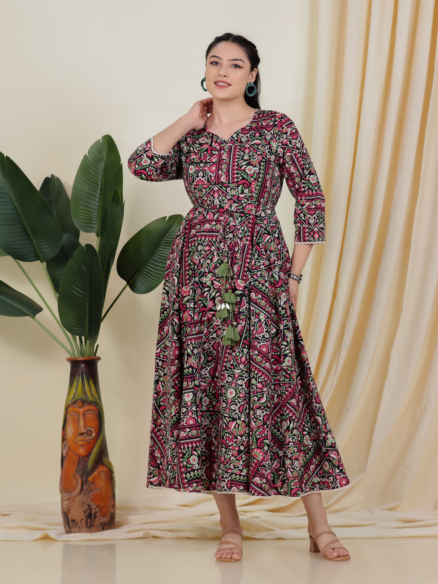 Soft Cotton Patchwork Anarkali Black Dress