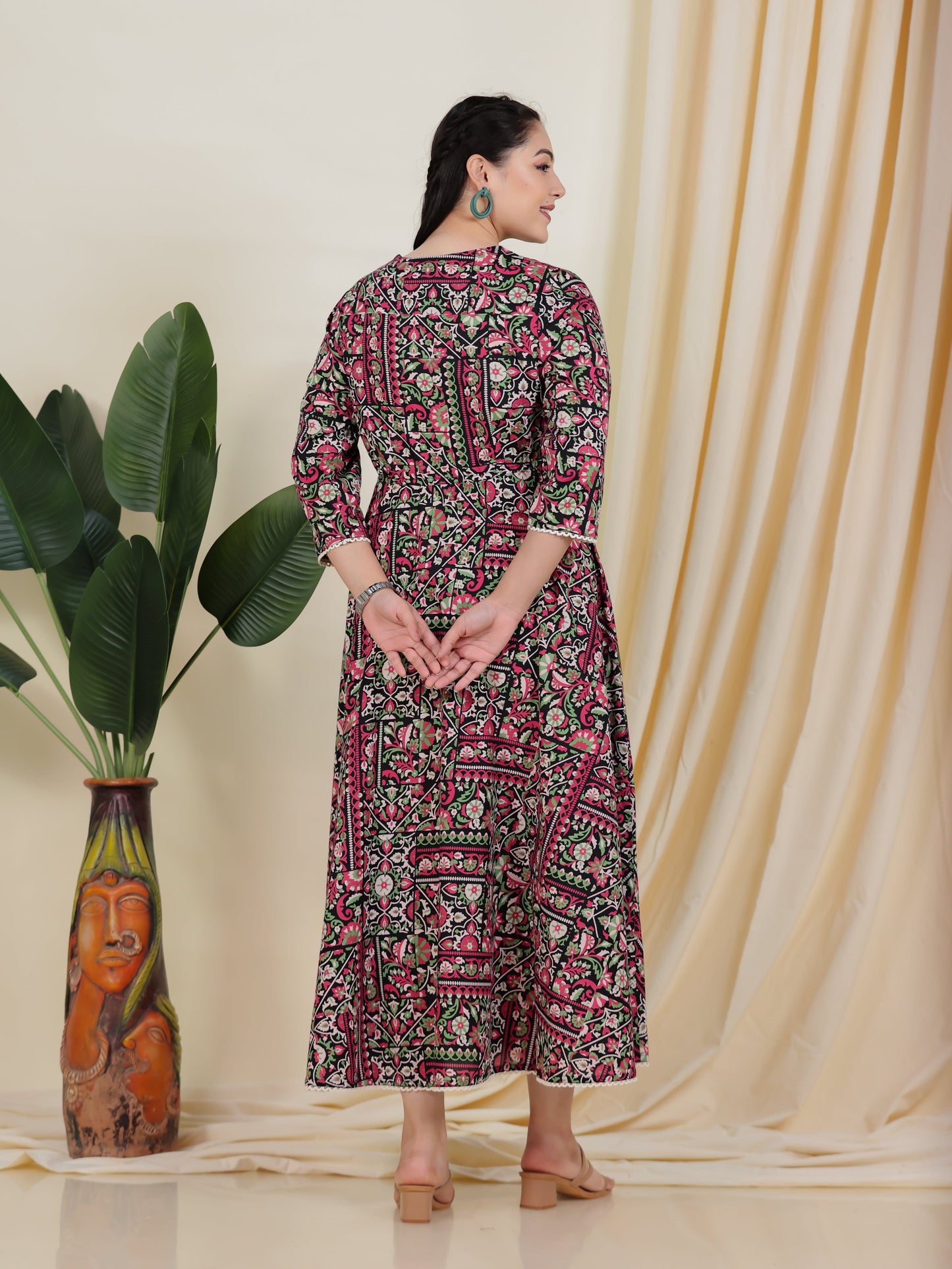 Soft Cotton Patchwork Anarkali Black Dress