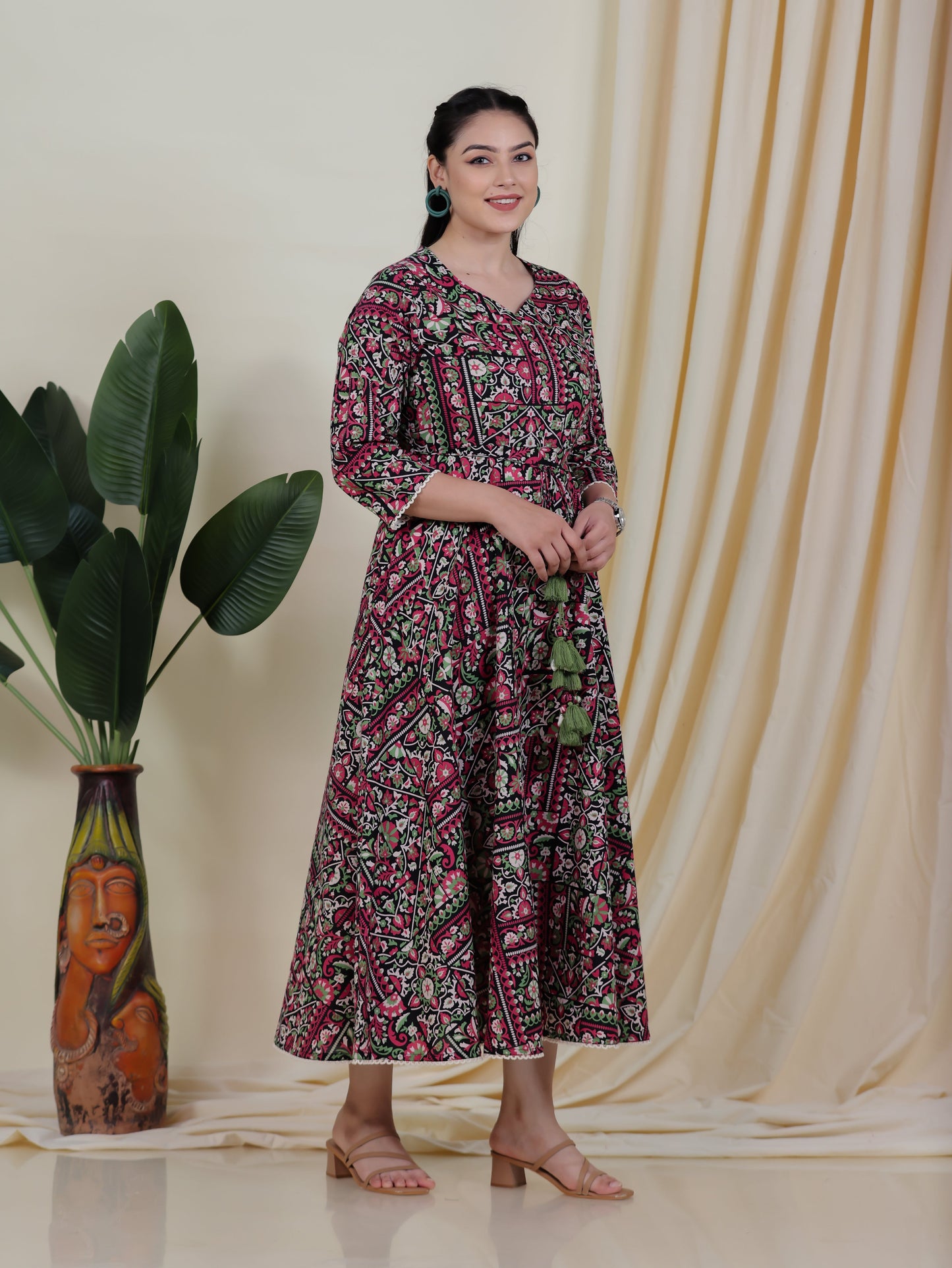 Soft Cotton Patchwork Anarkali Black Dress