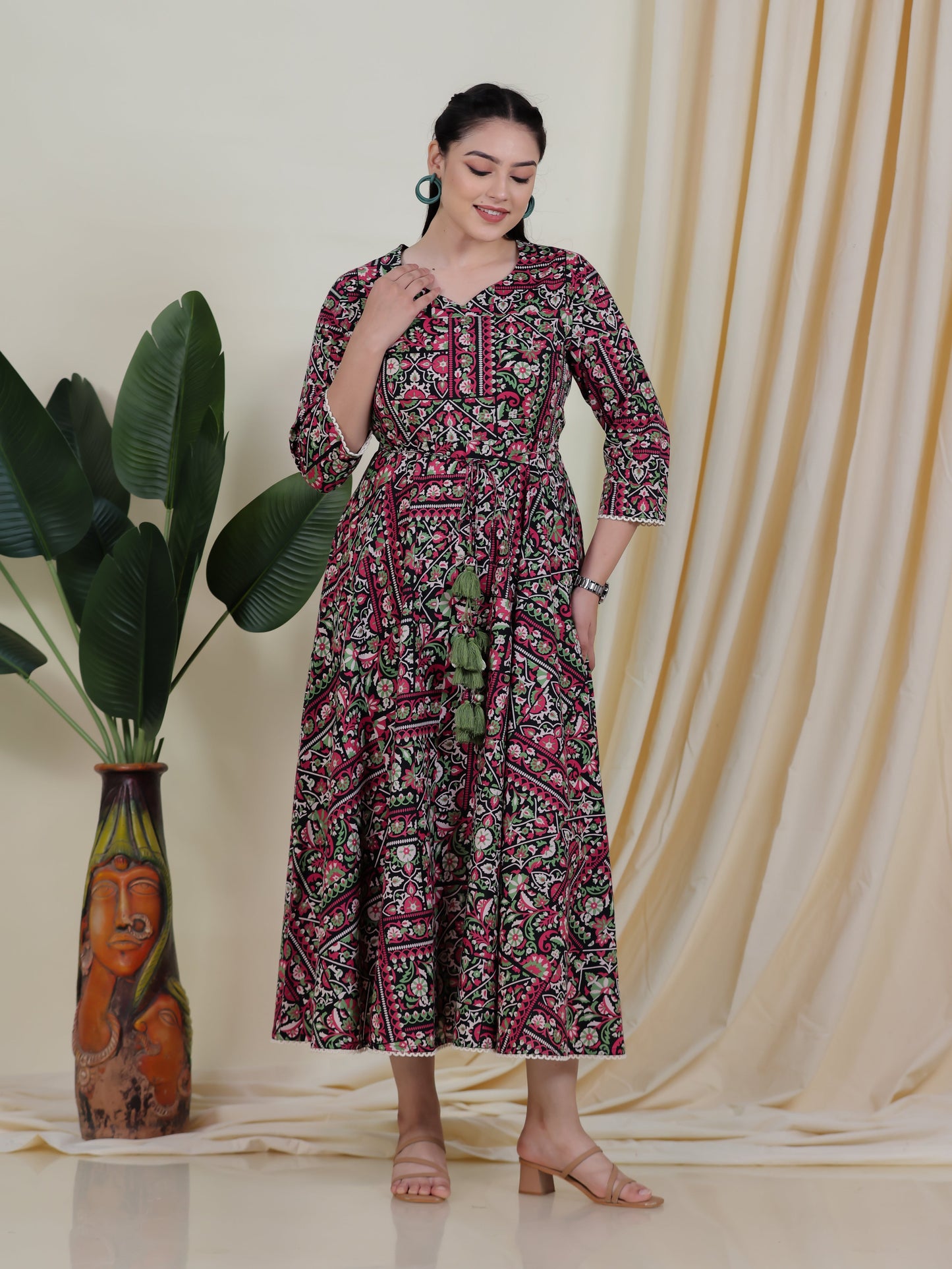 Soft Cotton Patchwork Anarkali Black Dress
