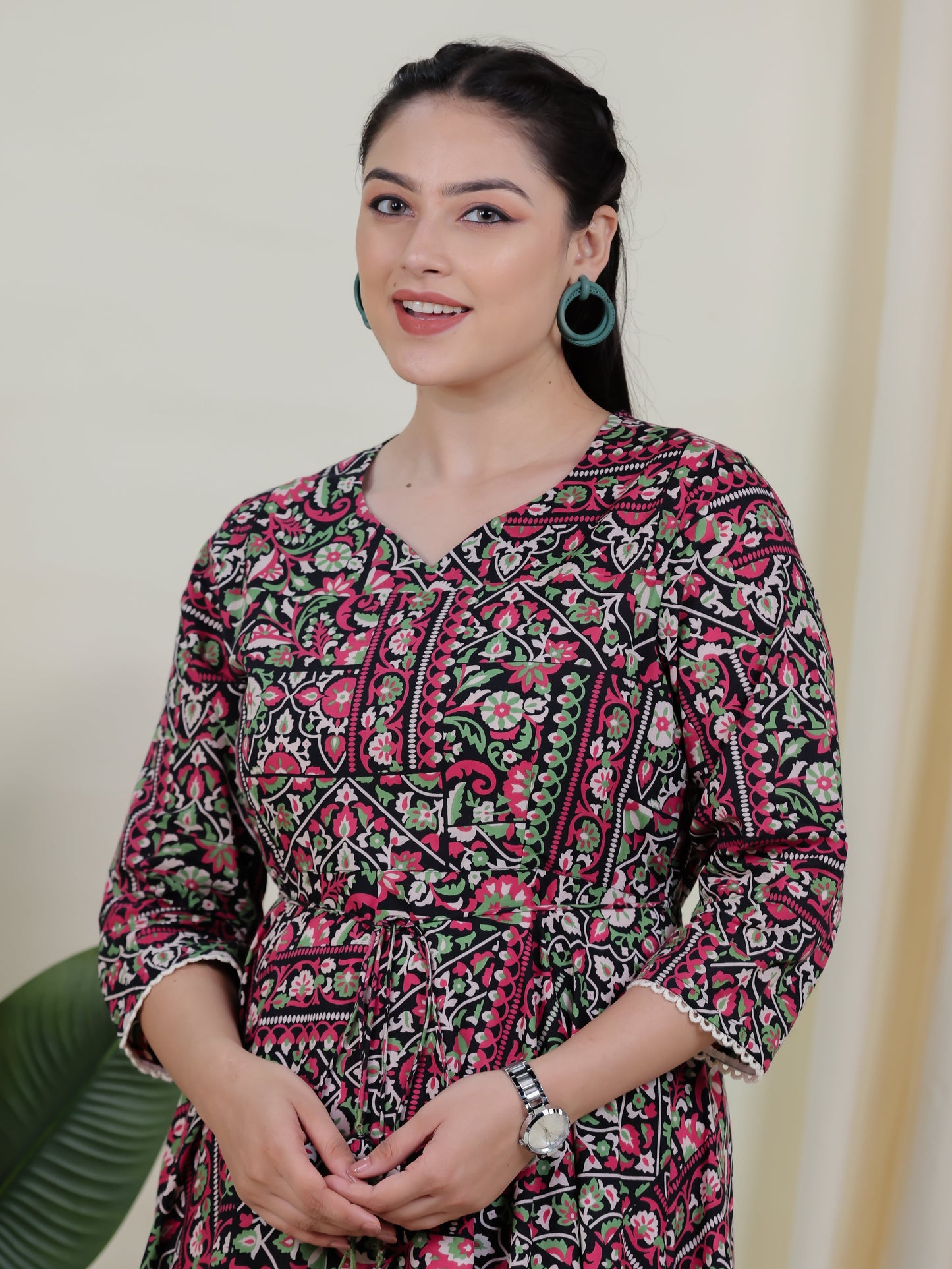 Soft Cotton Patchwork Anarkali Black Dress
