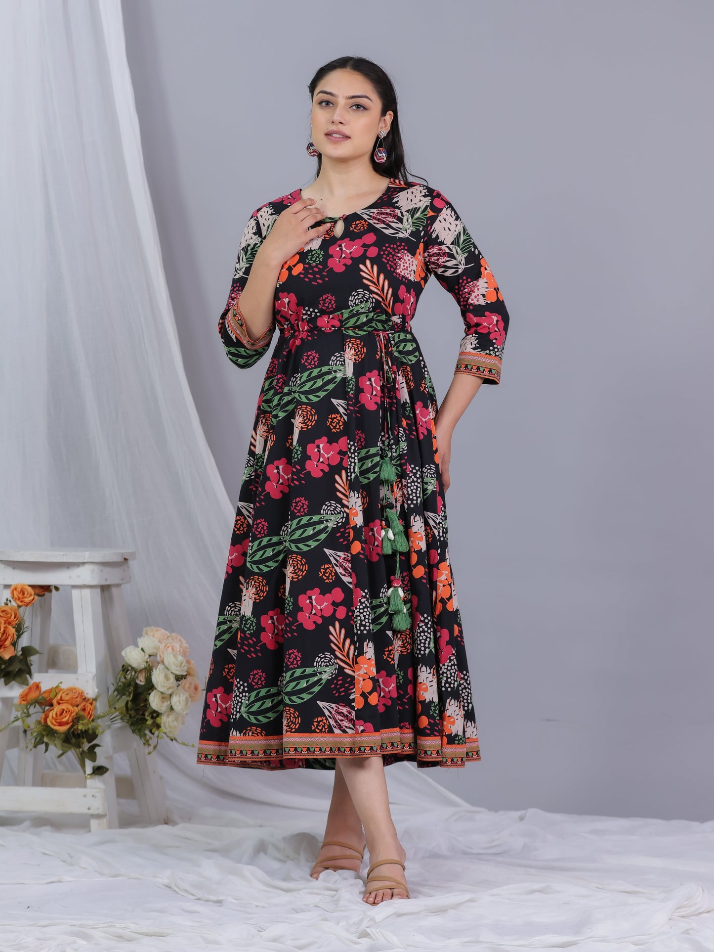 Soft Cotton Floral Anarkali Black Dress