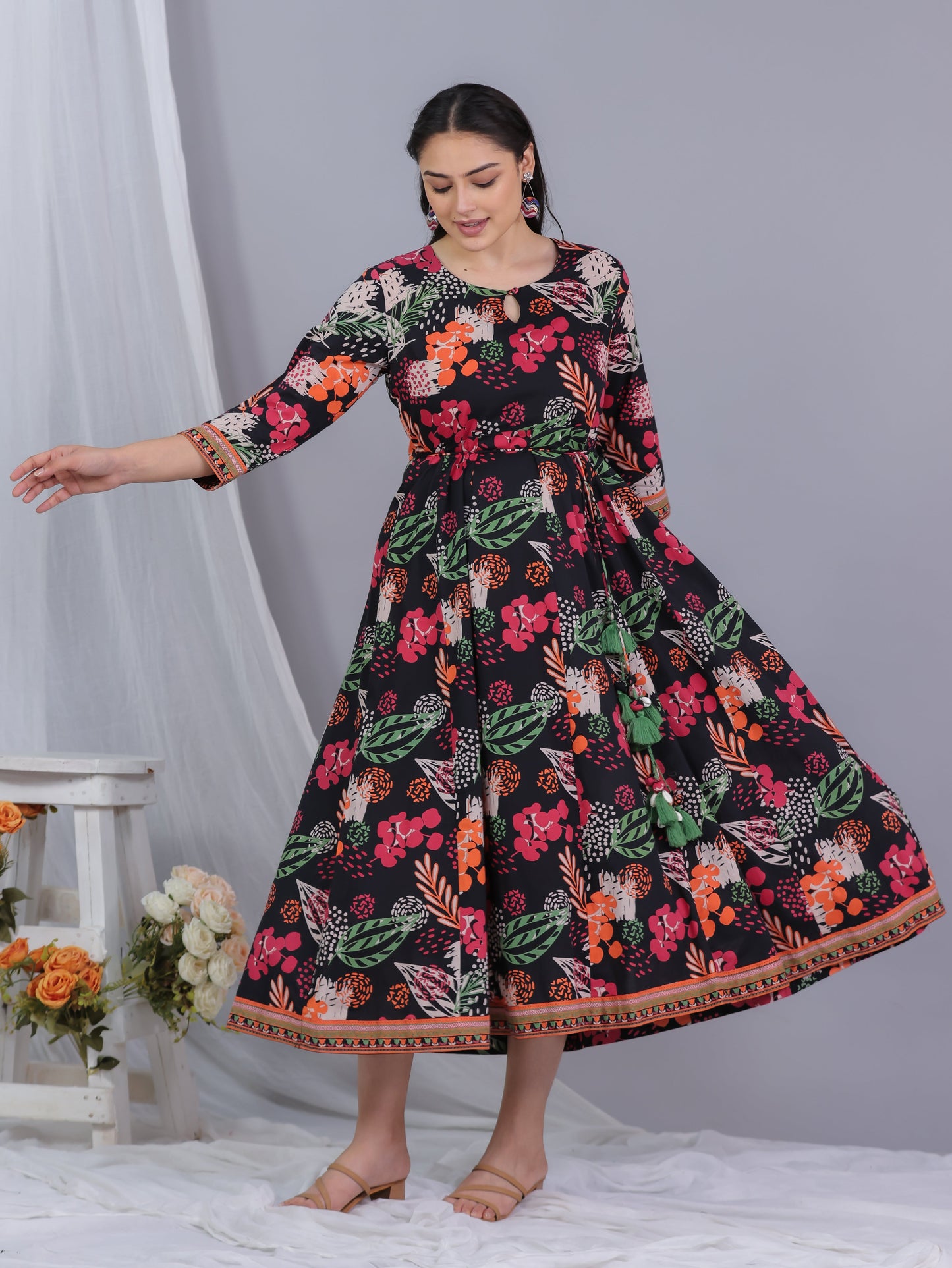 Soft Cotton Floral Anarkali Black Dress
