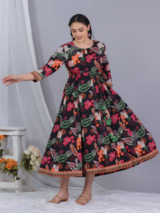 Soft Cotton Floral Anarkali Black Dress