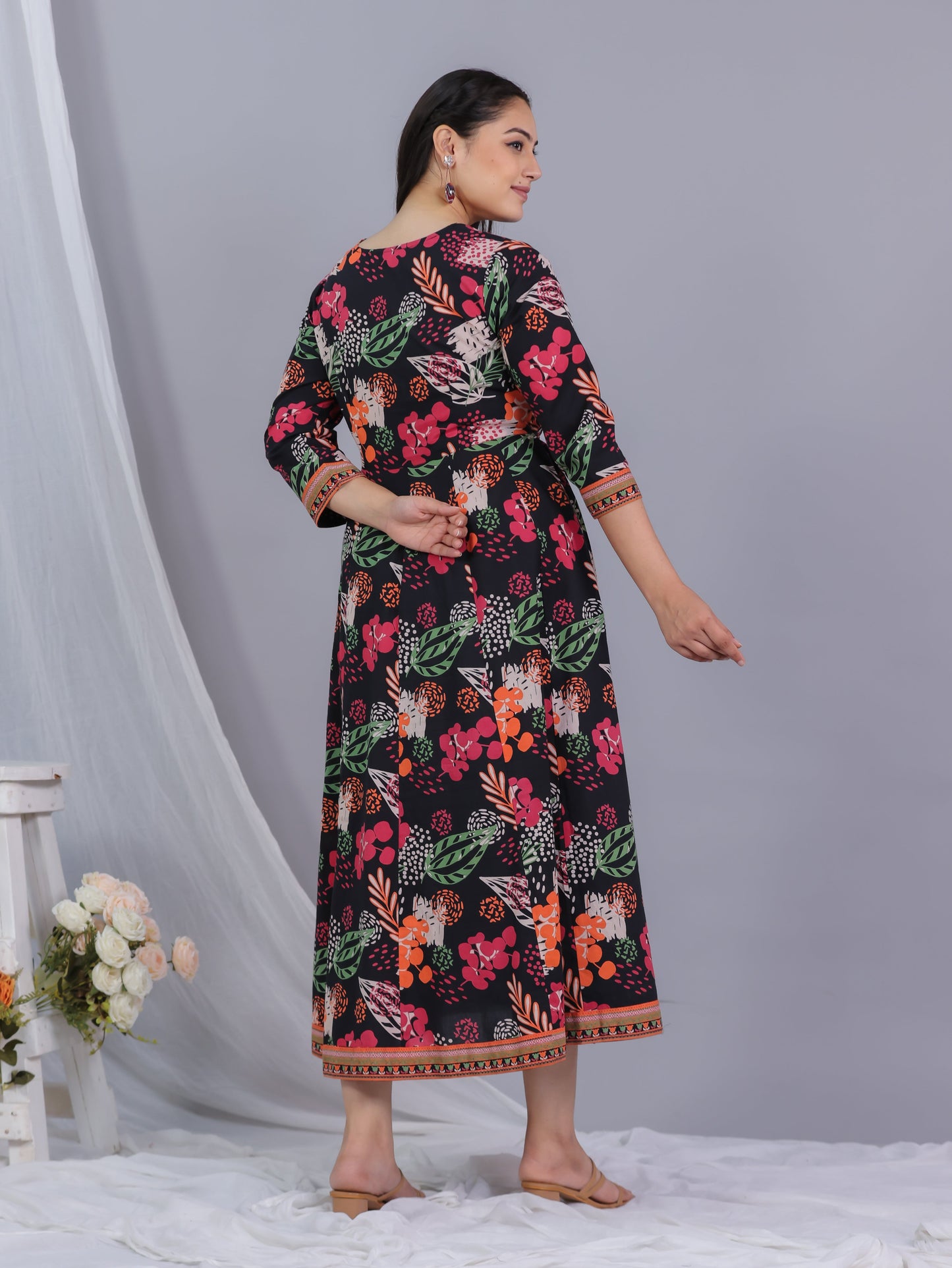 Soft Cotton Floral Anarkali Black Dress