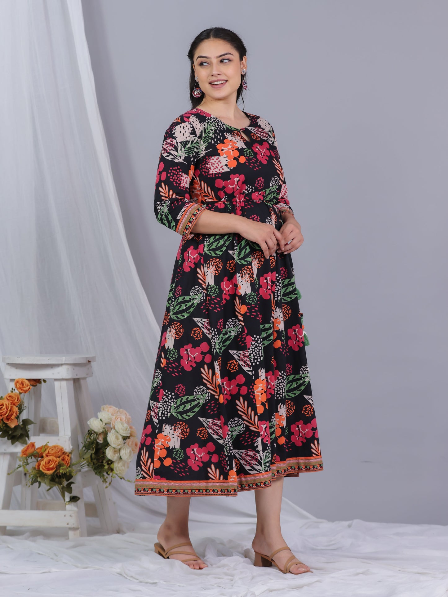 Soft Cotton Floral Anarkali Black Dress
