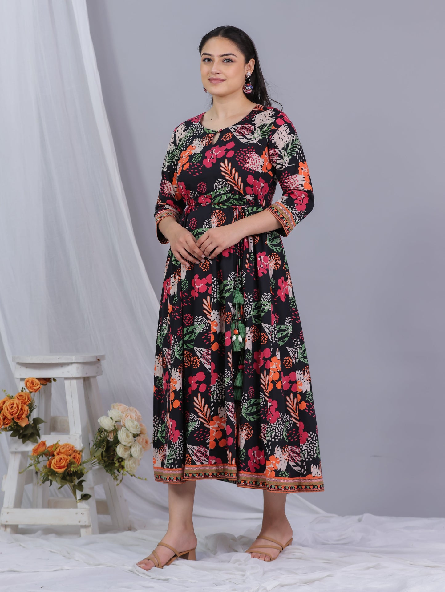 Soft Cotton Floral Anarkali Black Dress