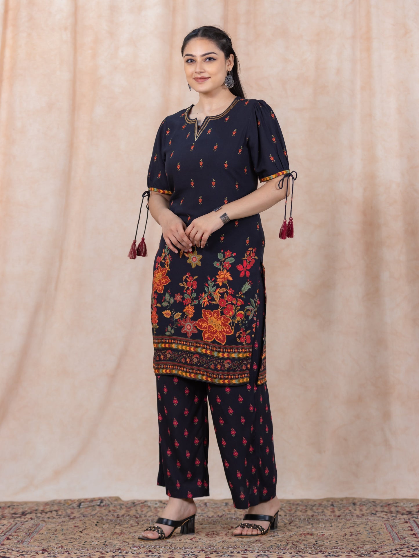 Embroidered Viscose Floral Straight Black Kurta