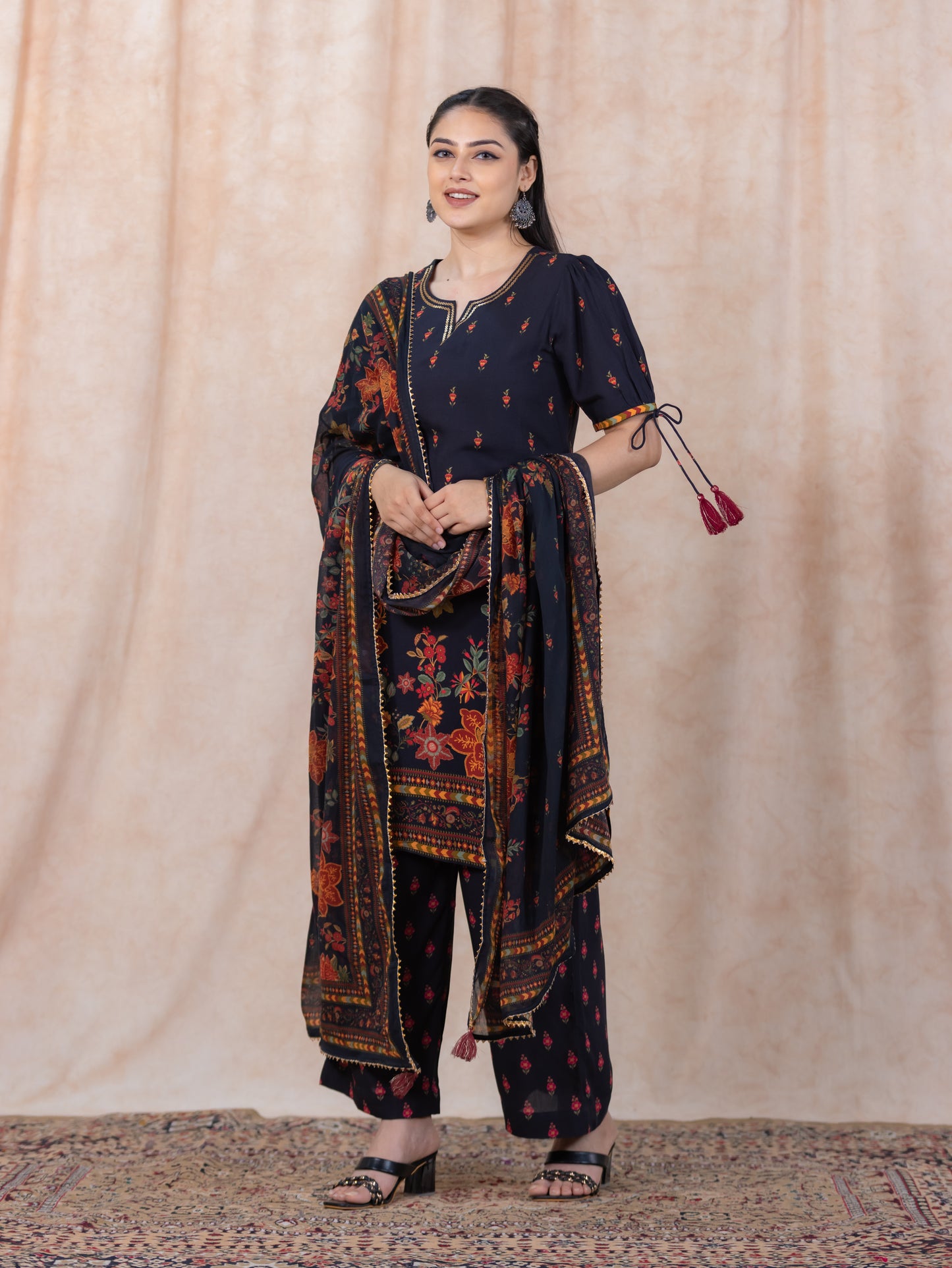 Embroidered Viscose Floral Straight Black Kurta