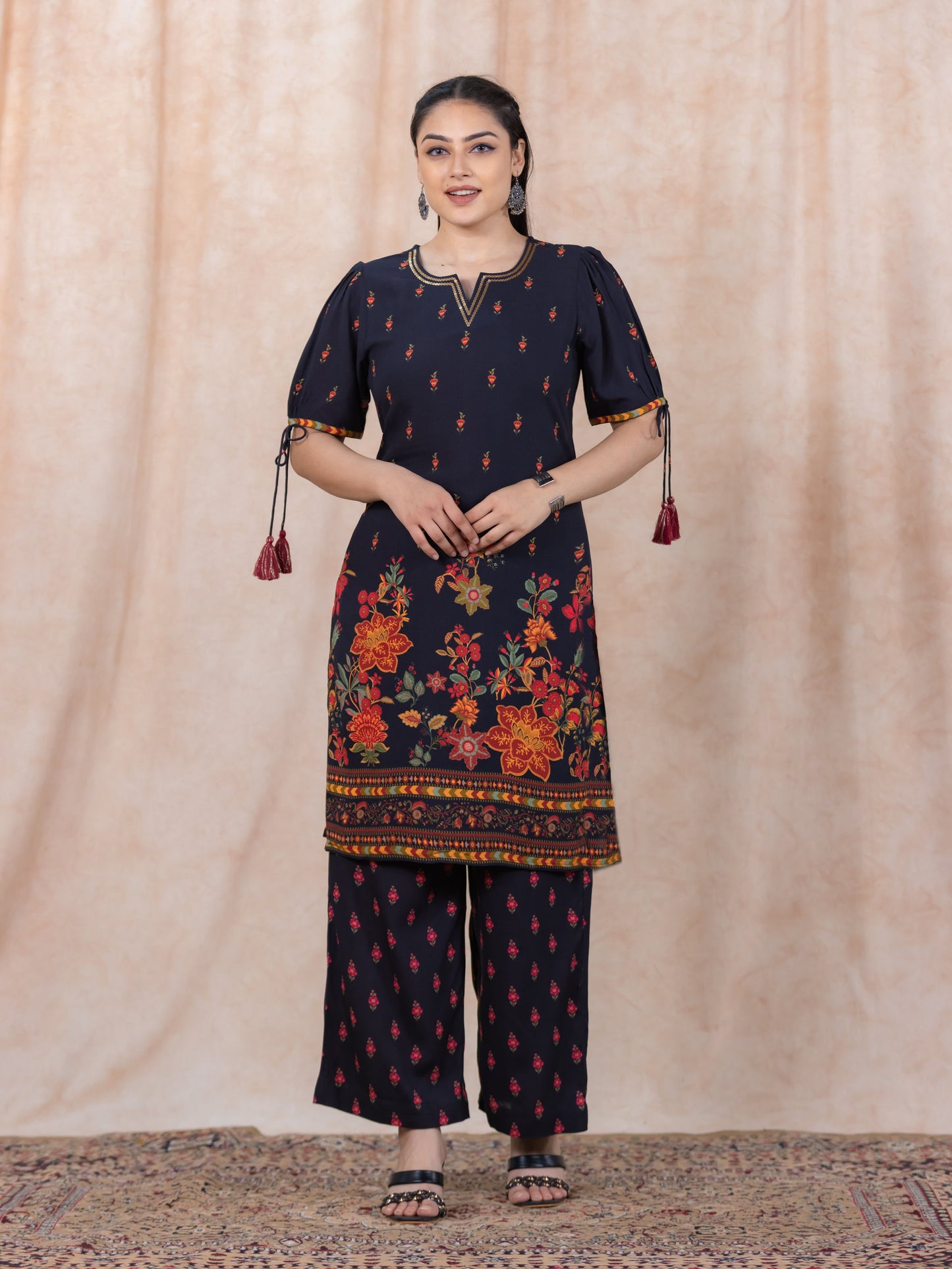 Embroidered Viscose Floral Straight Black Kurta