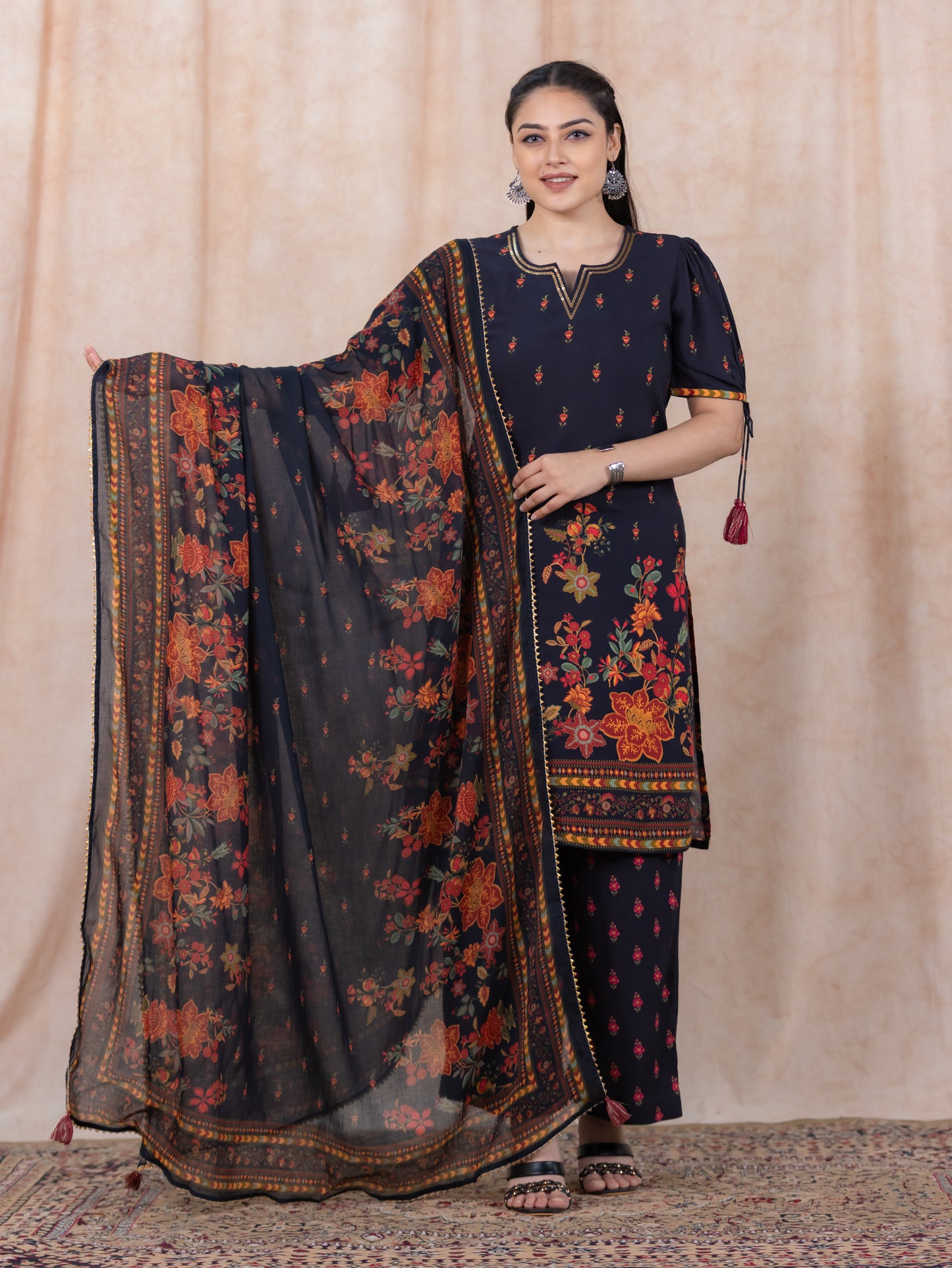 Embroidered Viscose Floral Straight Black Kurta