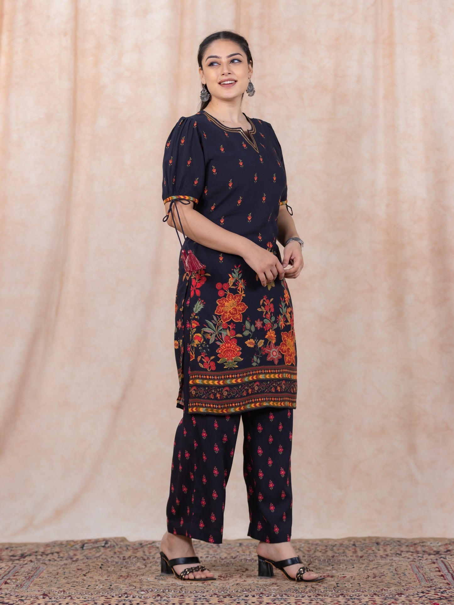 Embroidered Viscose Floral Straight Black Kurta