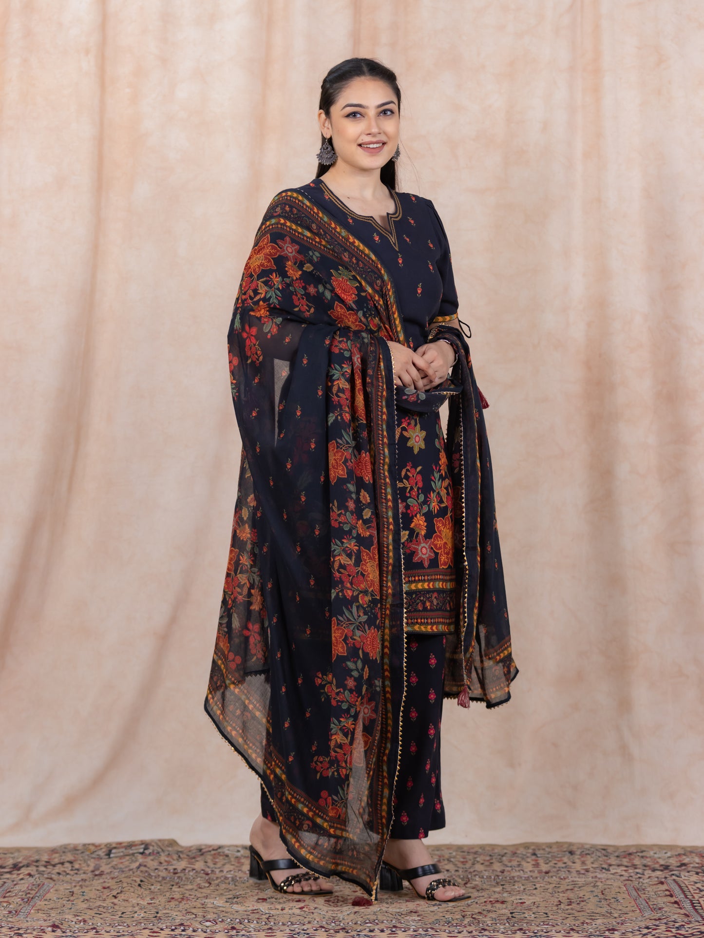 Embroidered Viscose Floral Straight Black Kurta