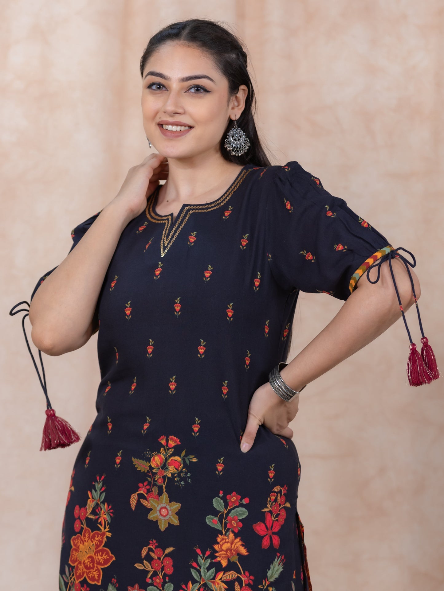 Embroidered Viscose Floral Straight Black Kurta