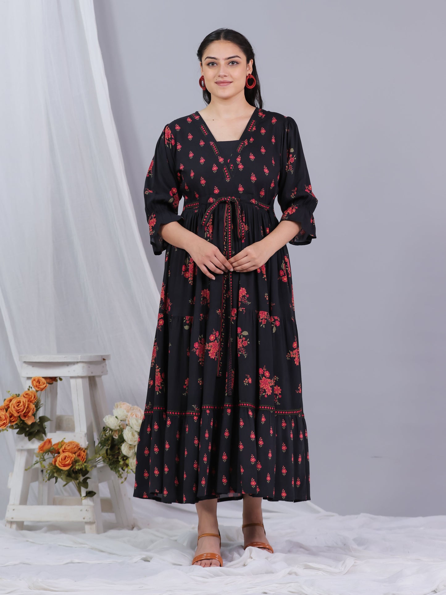 Viscose Floral Gathered Black Dress