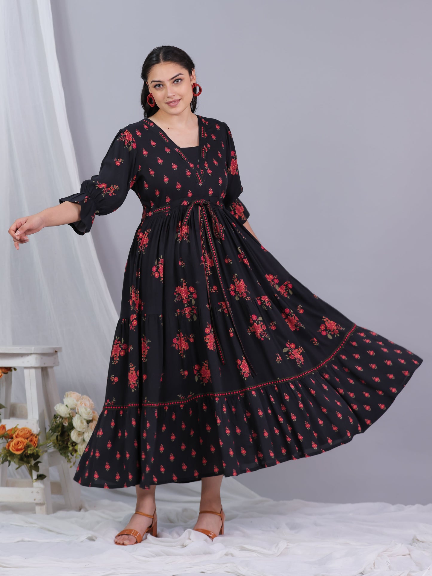 Viscose Floral Gathered Black Dress