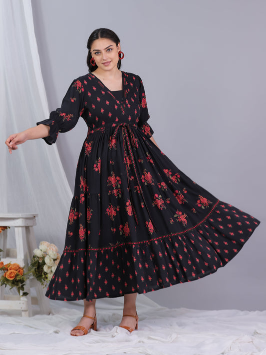 Viscose Floral Gathered Black Dress