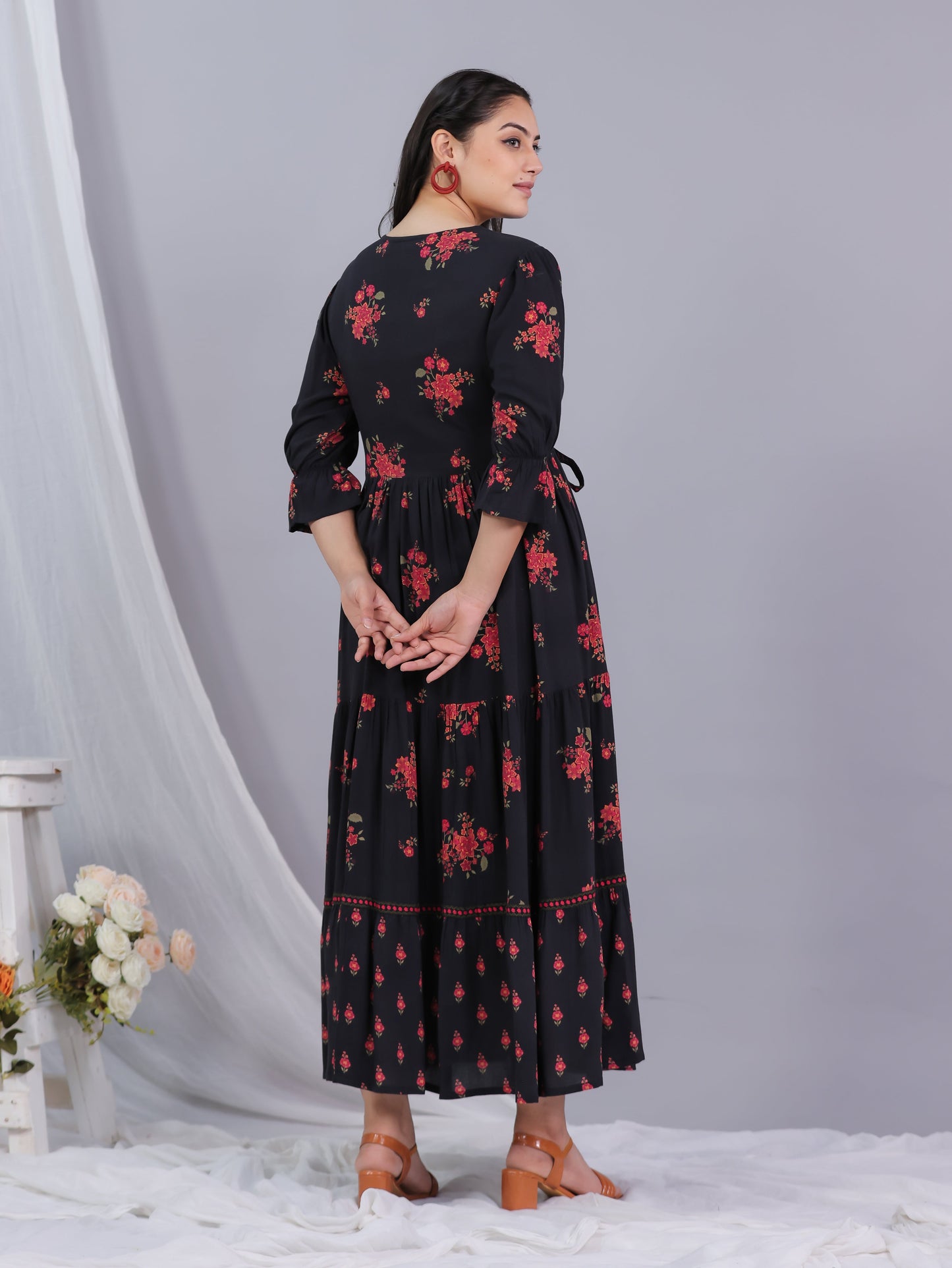 Viscose Floral Gathered Black Dress