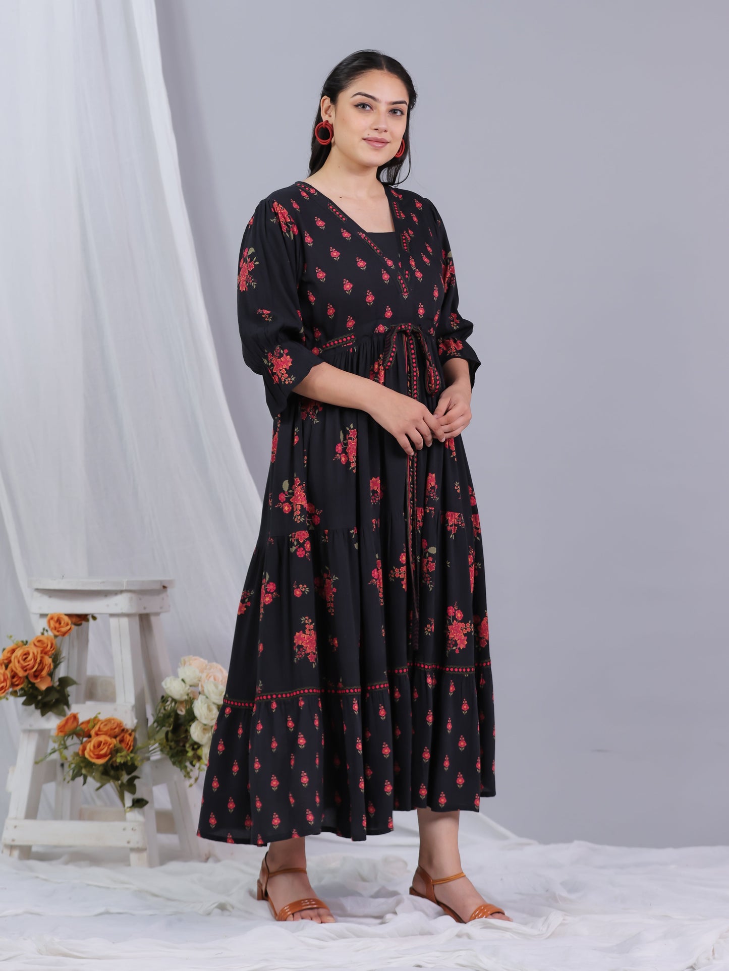 Viscose Floral Gathered Black Dress