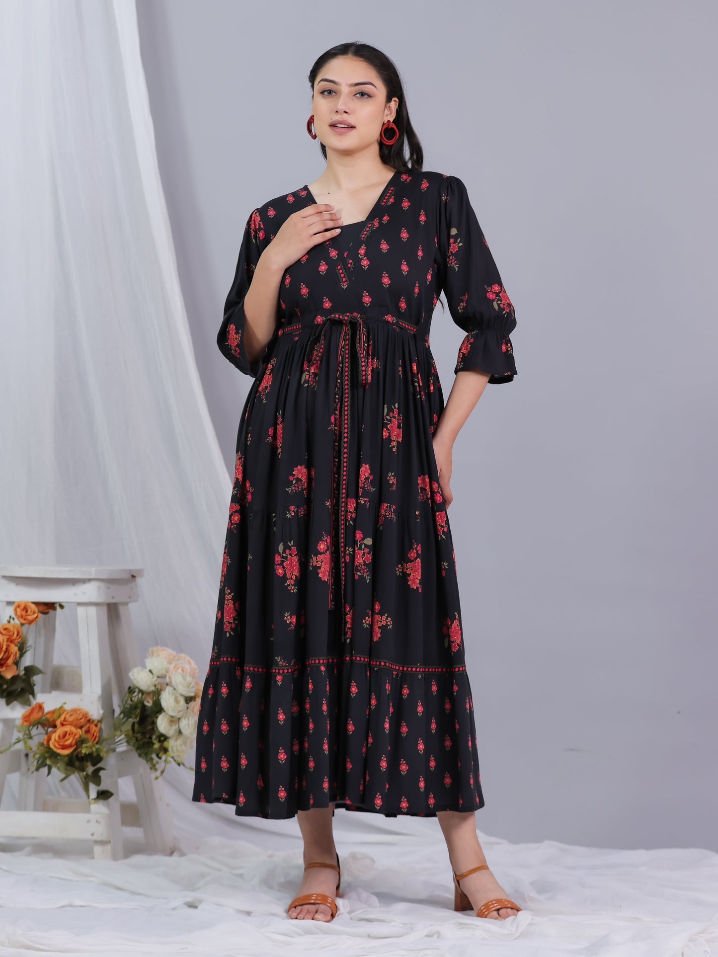 Viscose Floral Gathered Black Dress