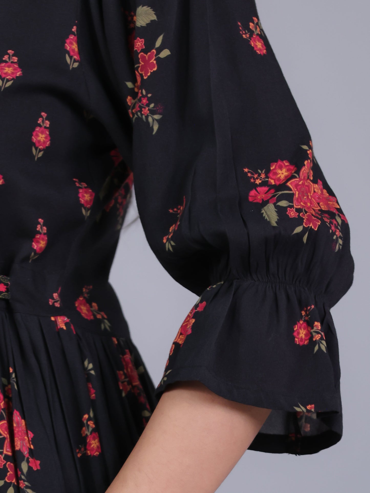 Viscose Floral Gathered Black Dress