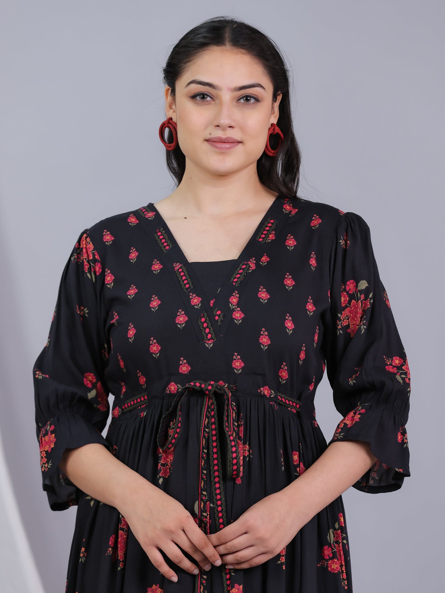 Viscose Floral Gathered Black Dress