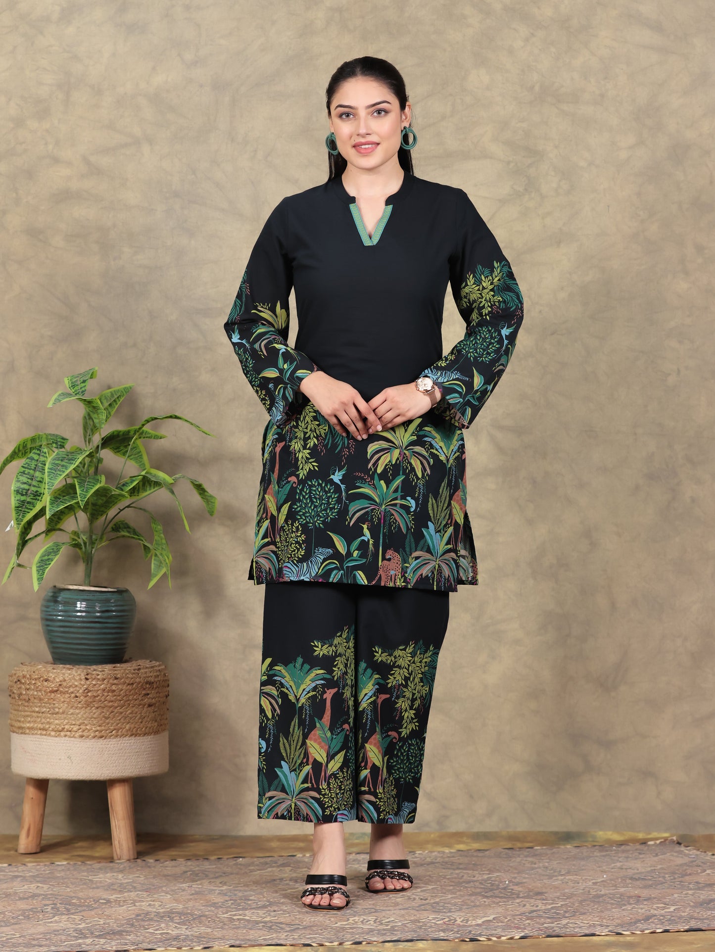 Soft Cotton Placement Print Straight Black Kurta