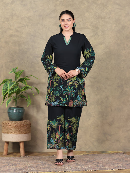 Soft Cotton Placement Print Straight Black Kurta