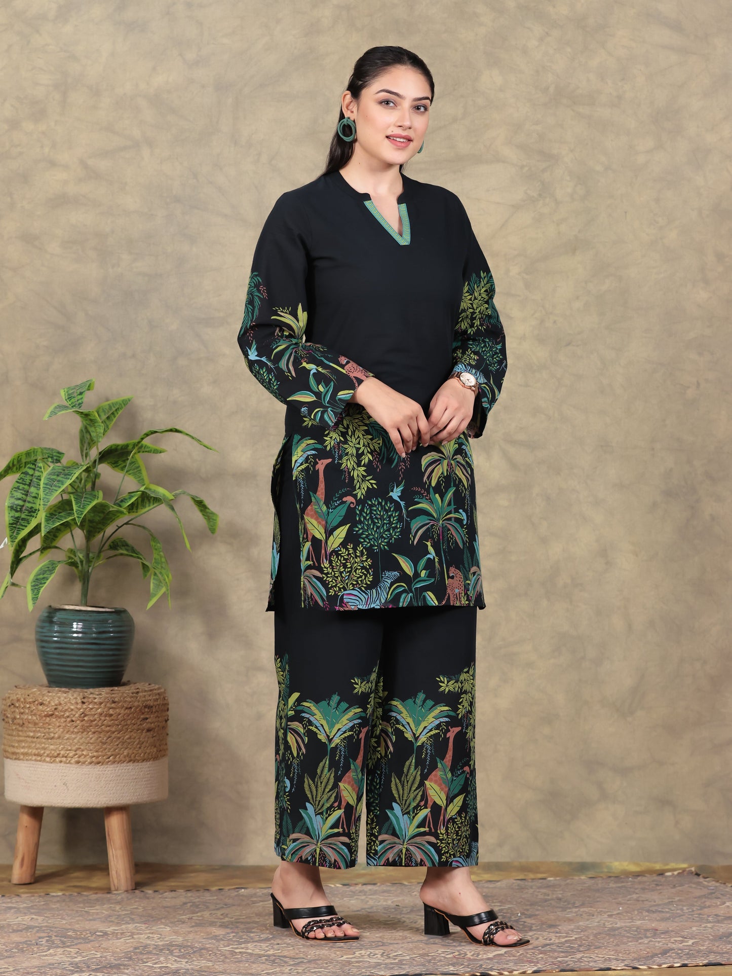 Soft Cotton Placement Print Straight Black Kurta