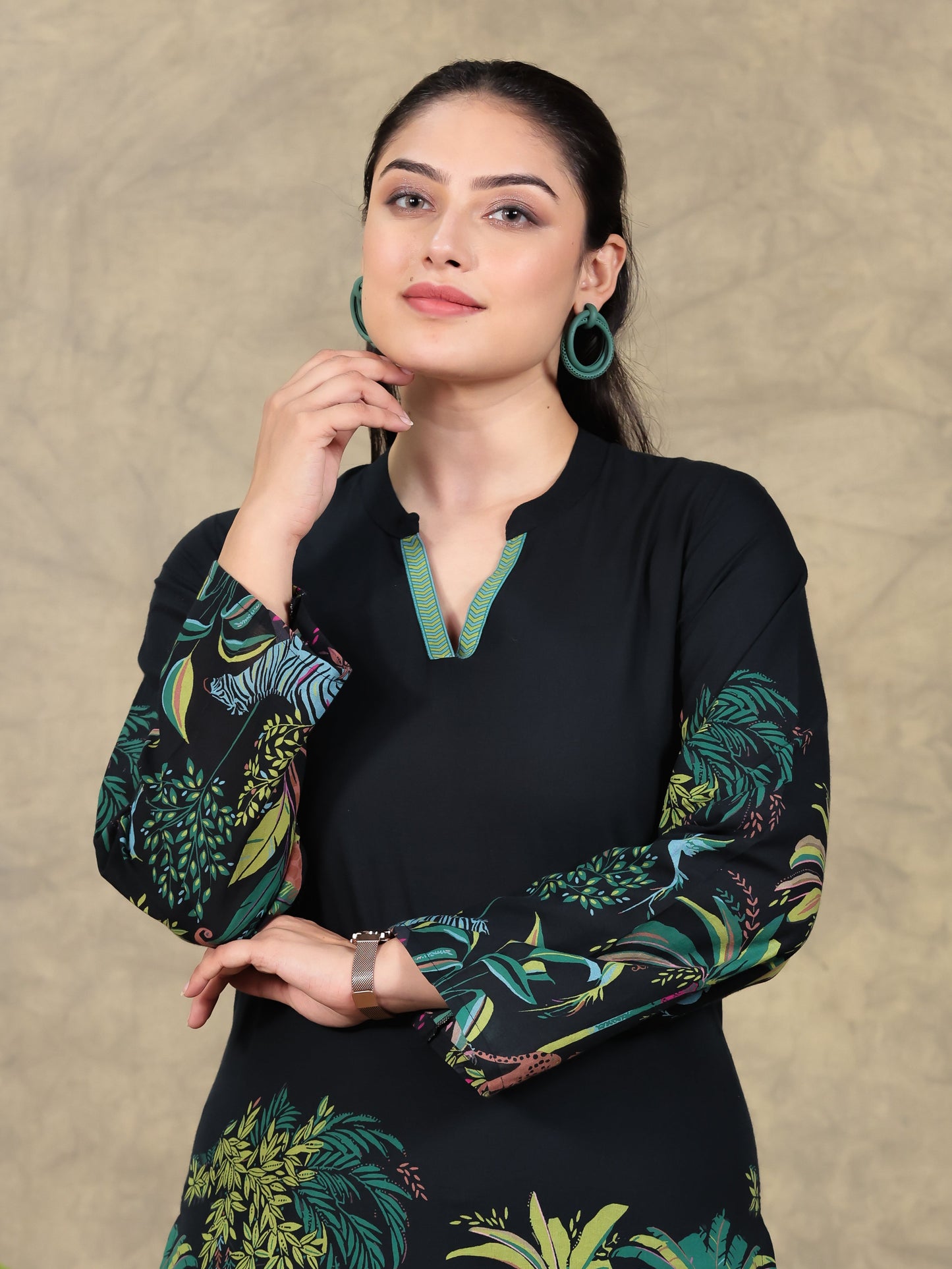Soft Cotton Placement Print Straight Black Kurta