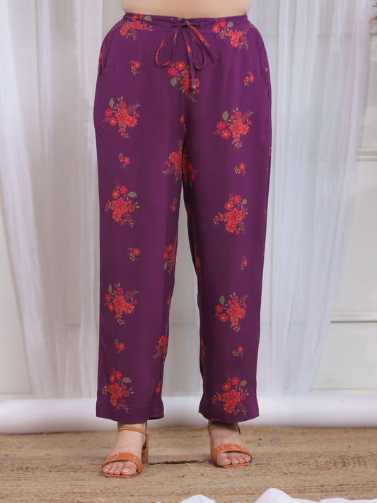 Viscose Floral Purple Straight Trousers
