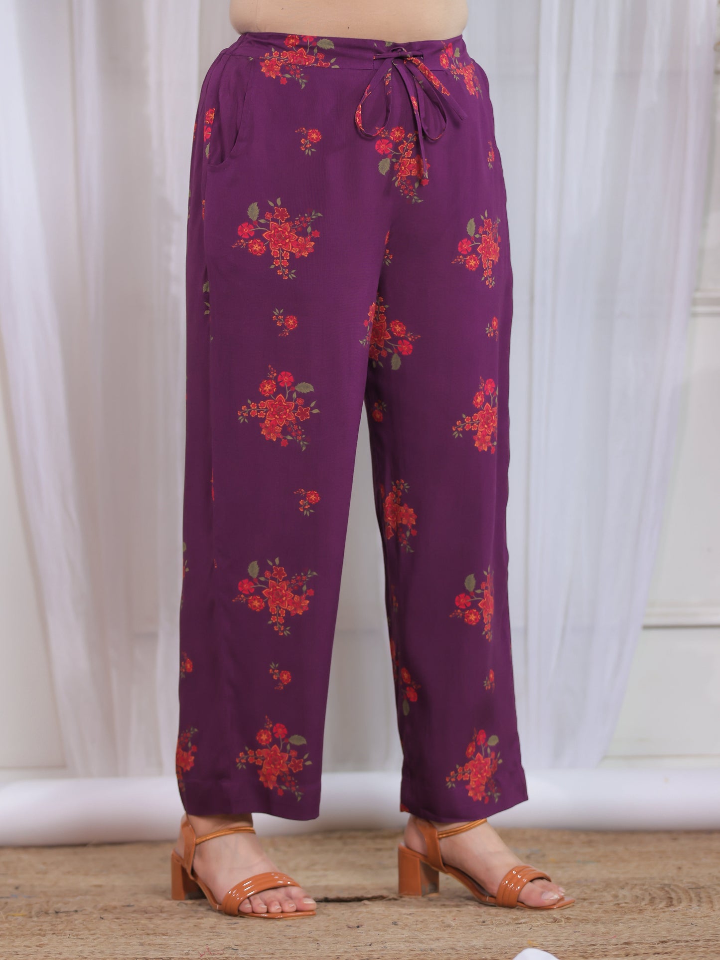 Viscose Floral Purple Straight Trousers