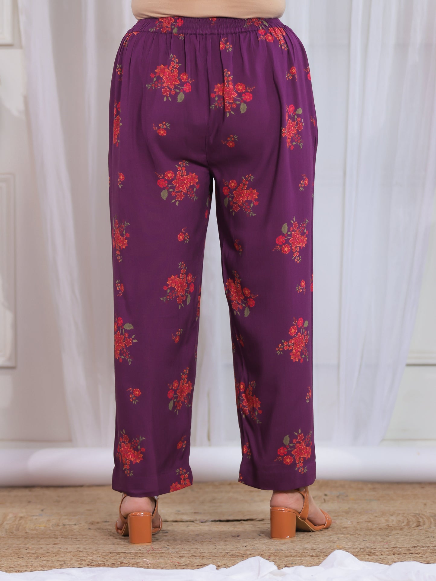 Viscose Floral Purple Straight Trousers
