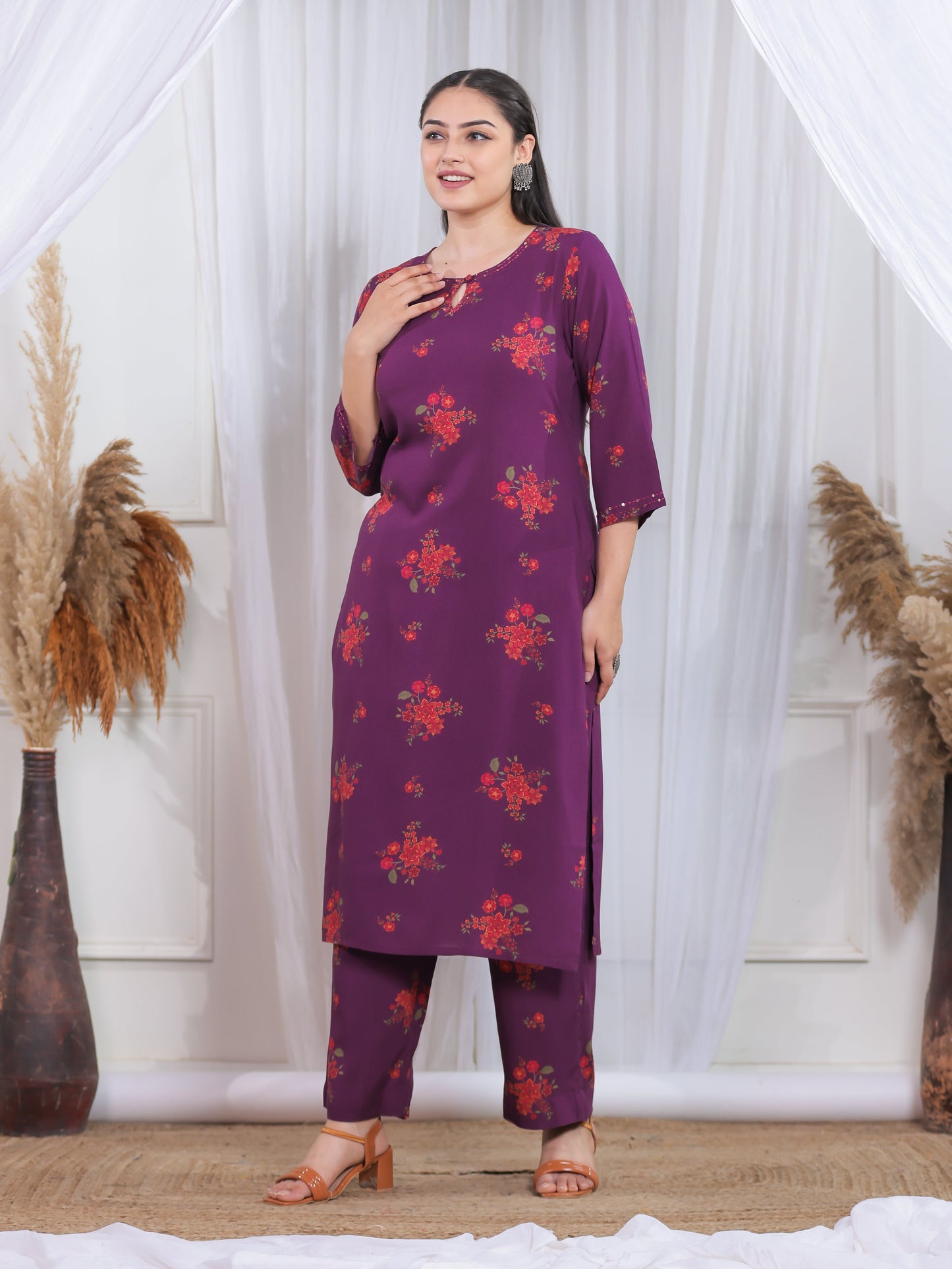Embroidered Viscose Floral Straight Purple Kurta