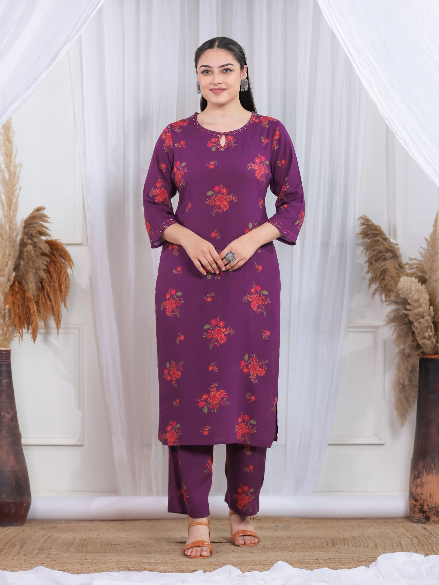 Embroidered Viscose Floral Straight Purple Kurta
