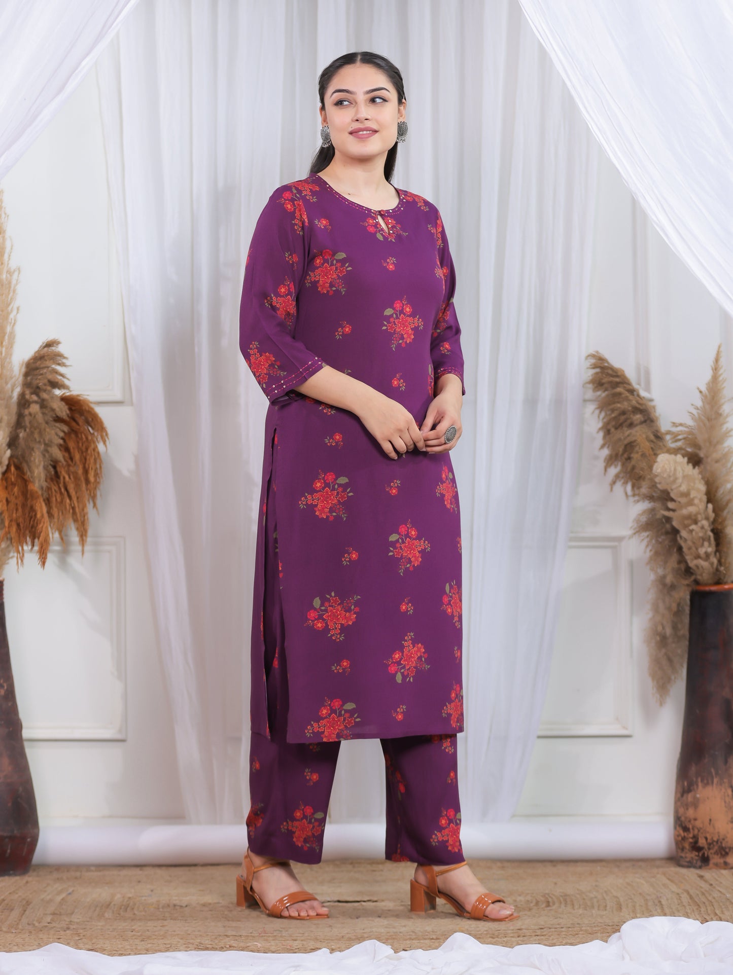 Embroidered Viscose Floral Straight Purple Kurta
