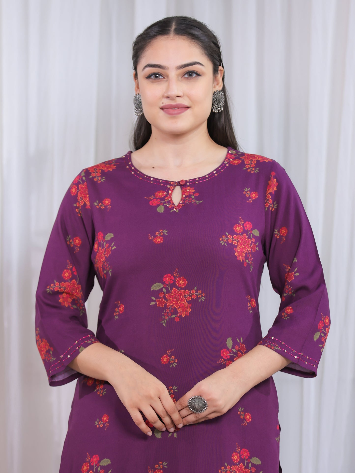 Embroidered Viscose Floral Straight Purple Kurta