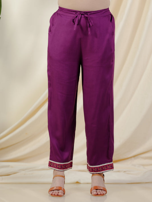 Viscose Solid Mauve Straight Trousers