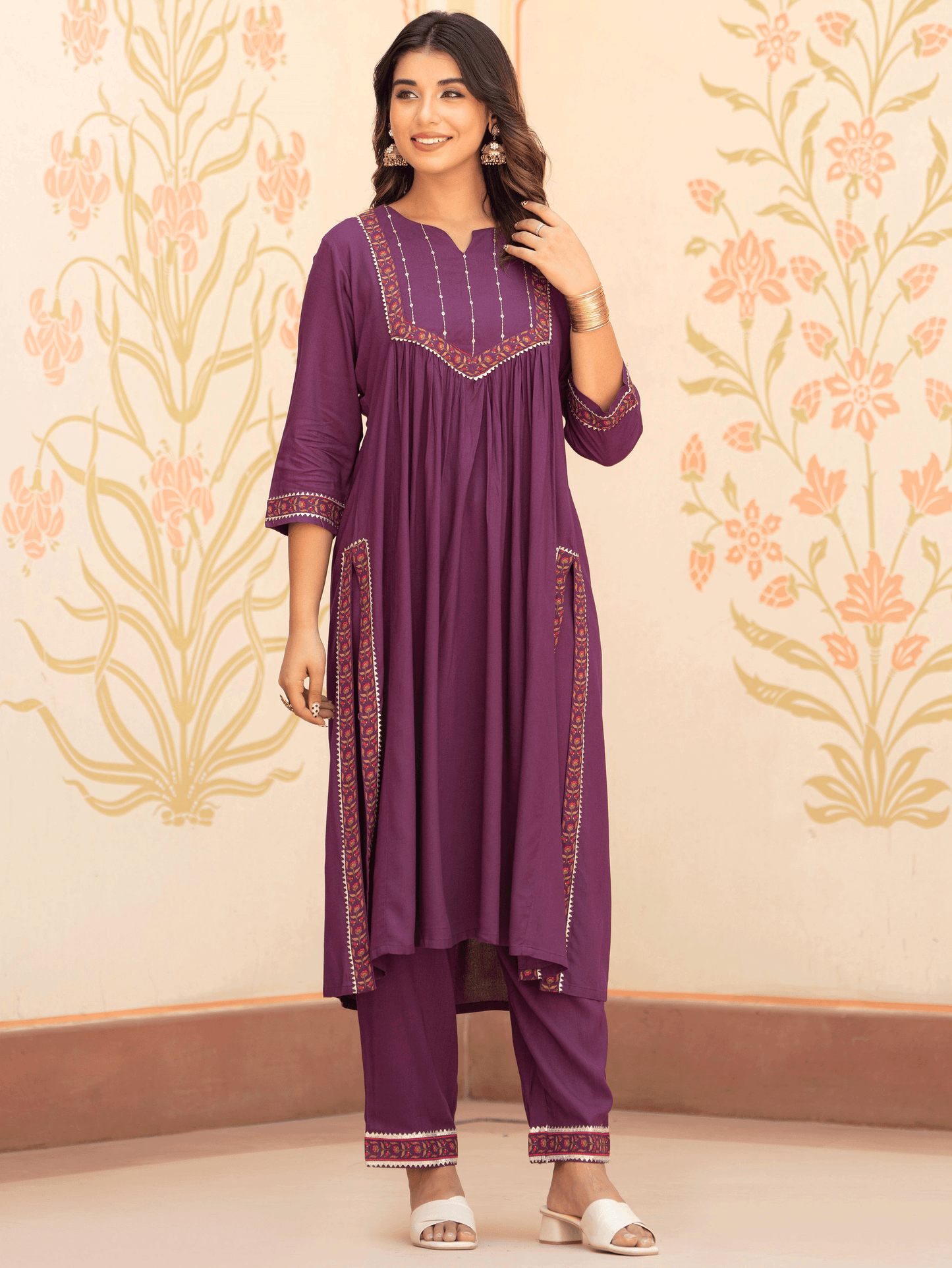 Viscose Solid Flared Mauve Kurta