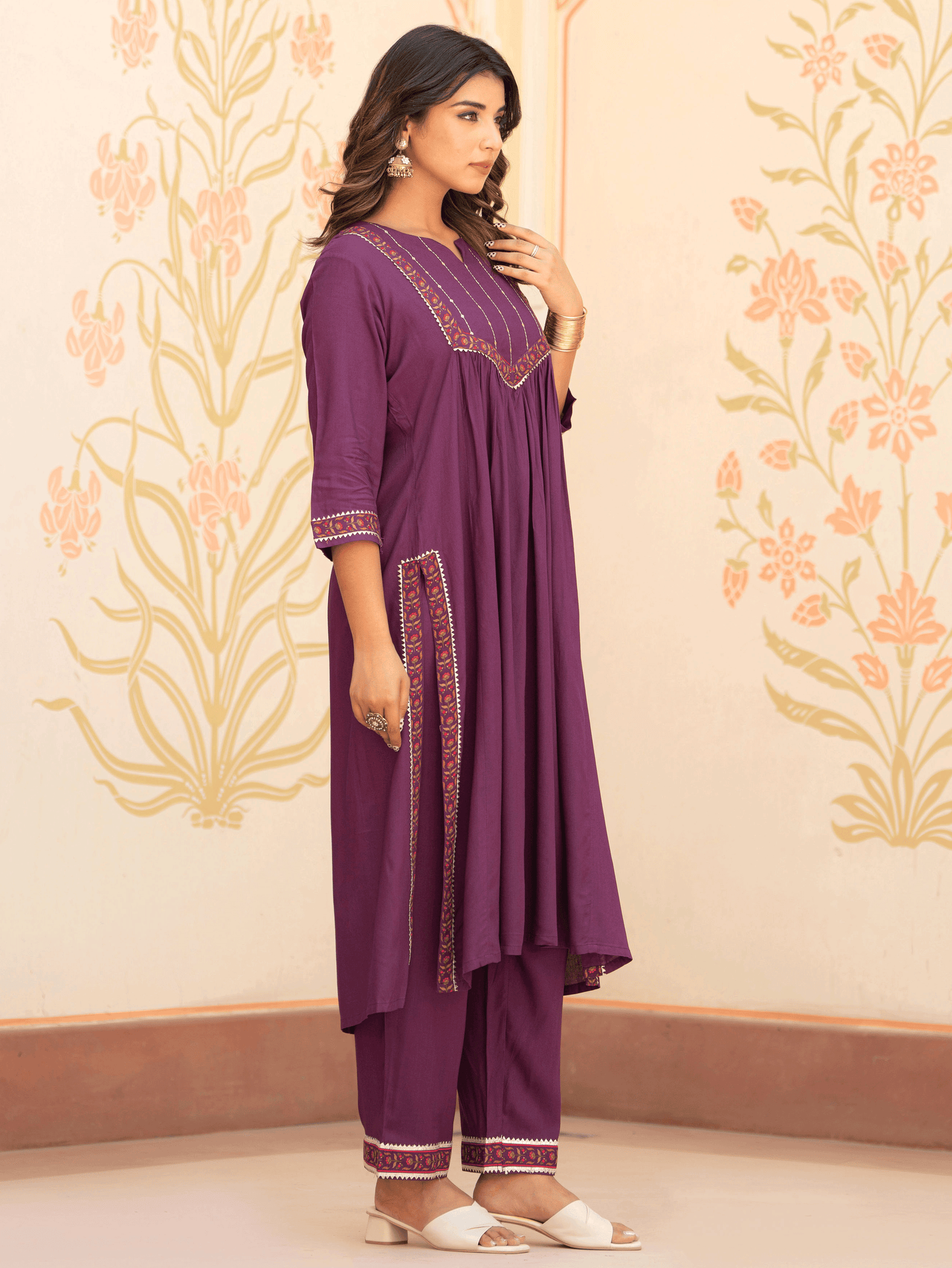 Viscose Solid Flared Mauve Kurta