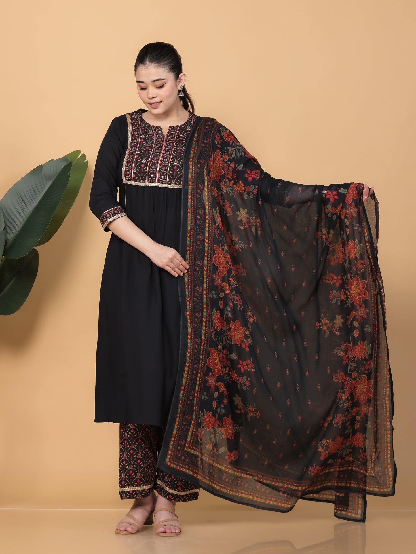 Viscose Solid Flared Black Kurta