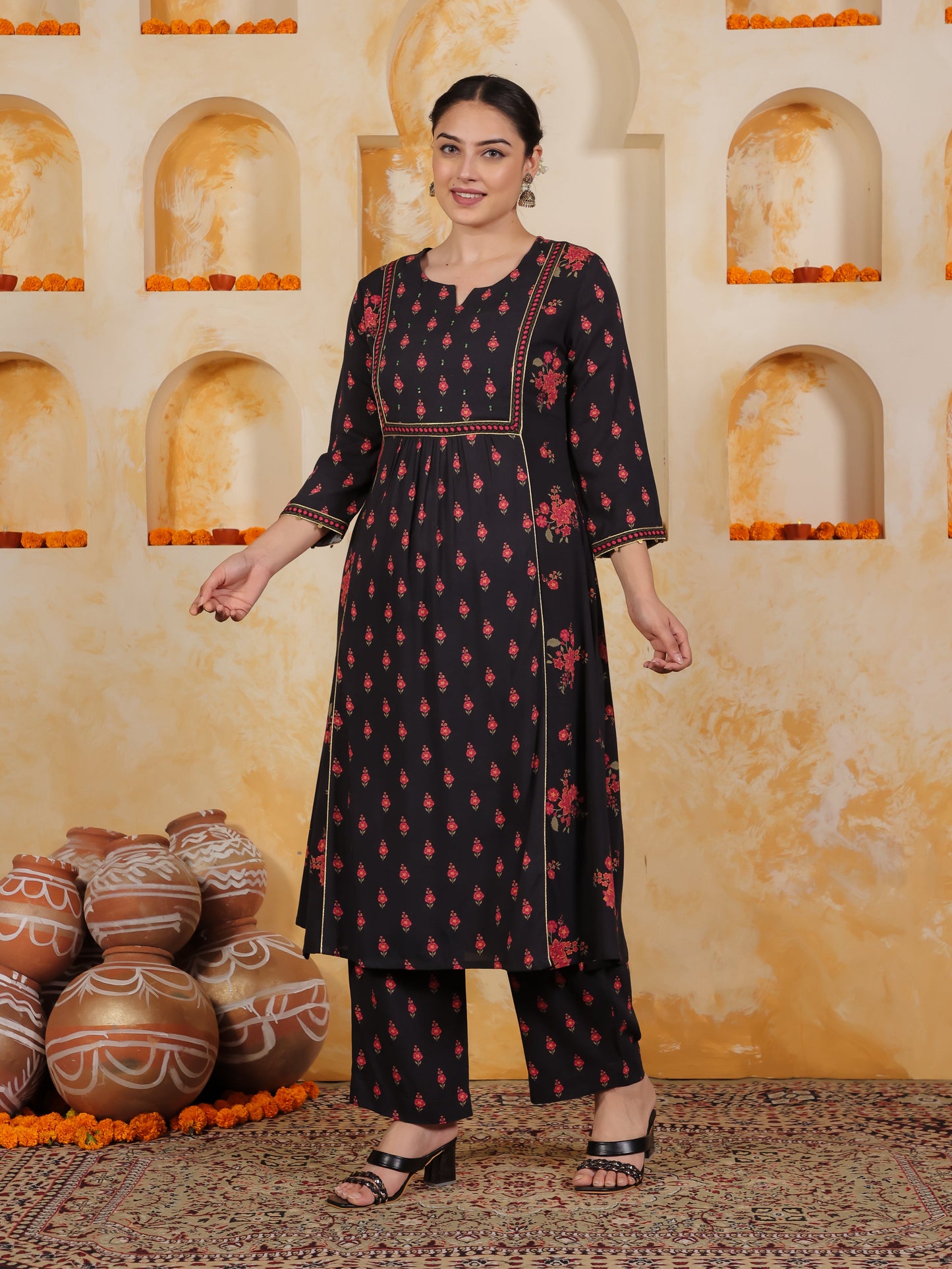 Embroidered Viscose Floral Flared Black Kurta