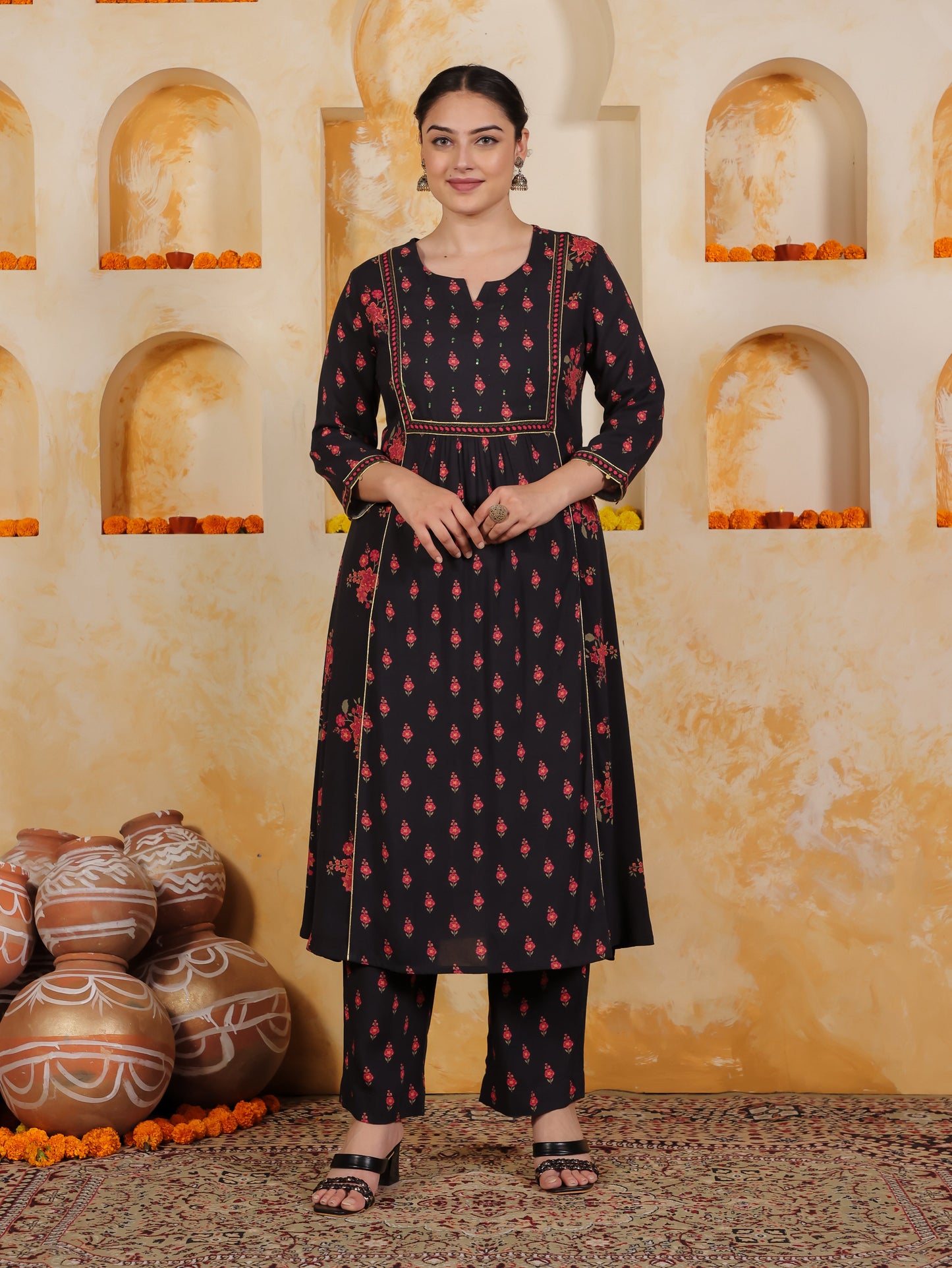 Embroidered Viscose Floral Flared Black Kurta