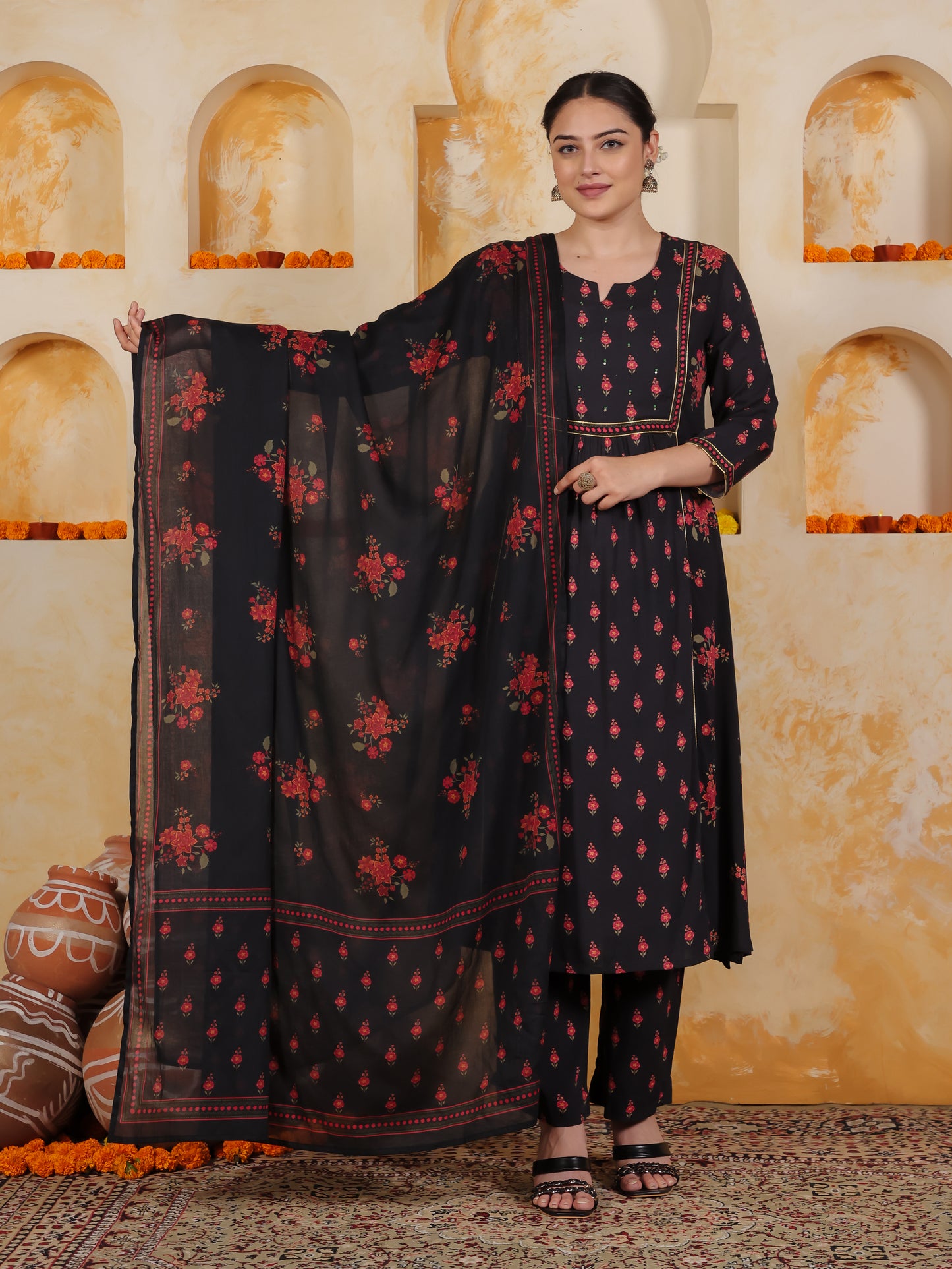 Embroidered Viscose Floral Flared Black Kurta