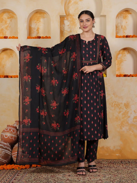 Embroidered Viscose Floral Flared Black Kurta