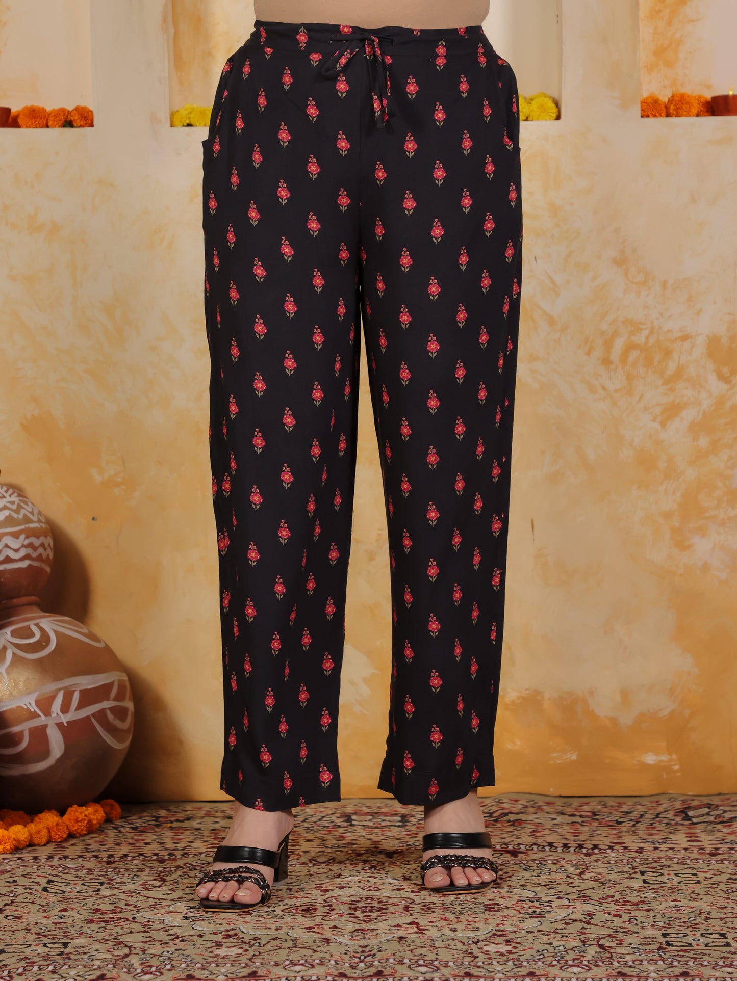 Embroidered Viscose Floral Flared Black Kurta