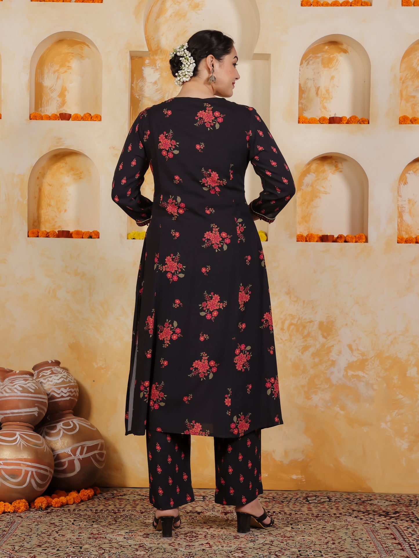 Embroidered Viscose Floral Flared Black Kurta