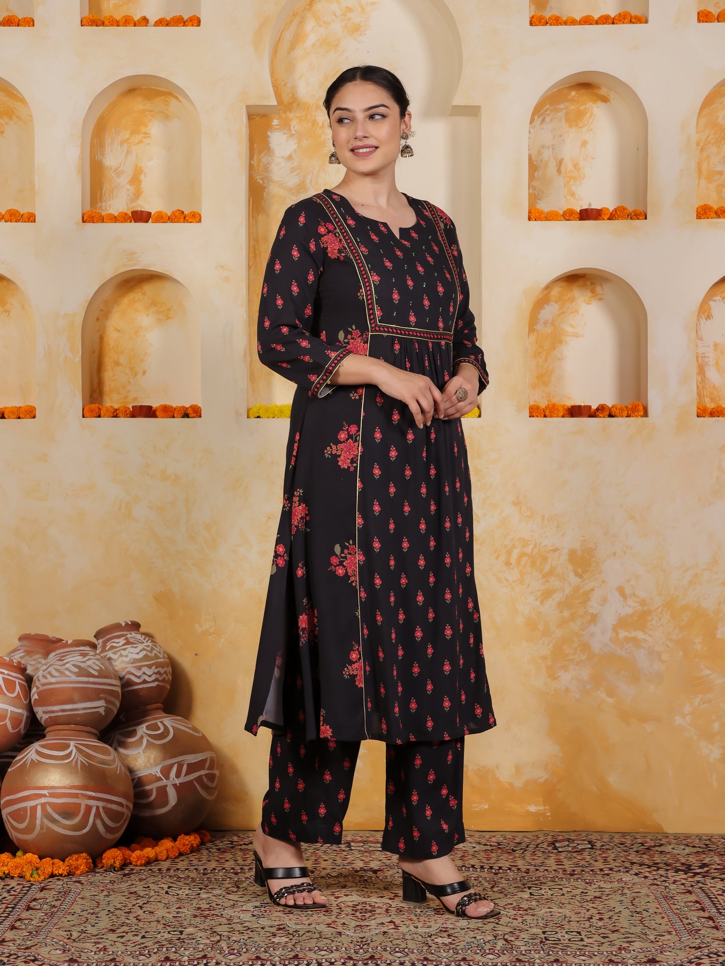 Embroidered Viscose Floral Flared Black Kurta